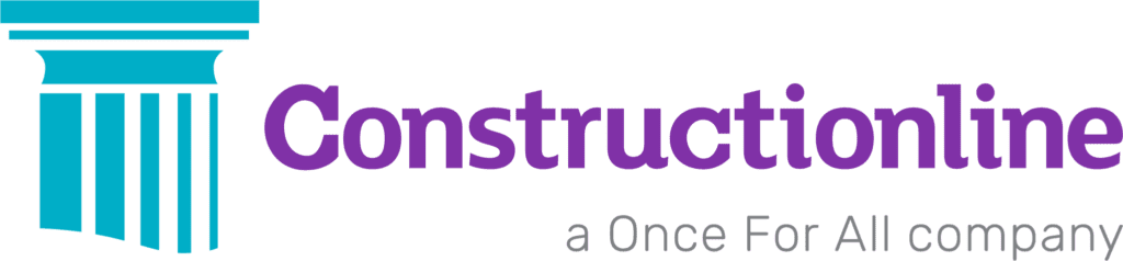 Logo of Constructionline featuring a stylized turquoise column on the left and the company name "Constructionline" in bold purple text to the right. Below this, in smaller gray text, it reads "a Once For All company.