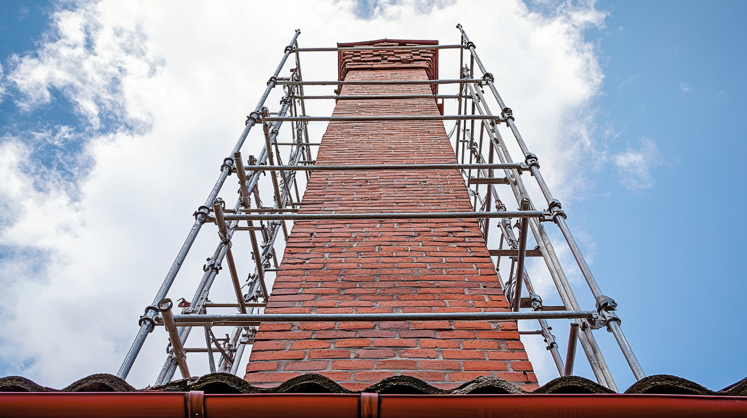 A tall brick chimney surrounded by metal scaffolding is viewed from below against a partly cloudy sky, with the edge of a tiled roof visible at the bottom of the image.