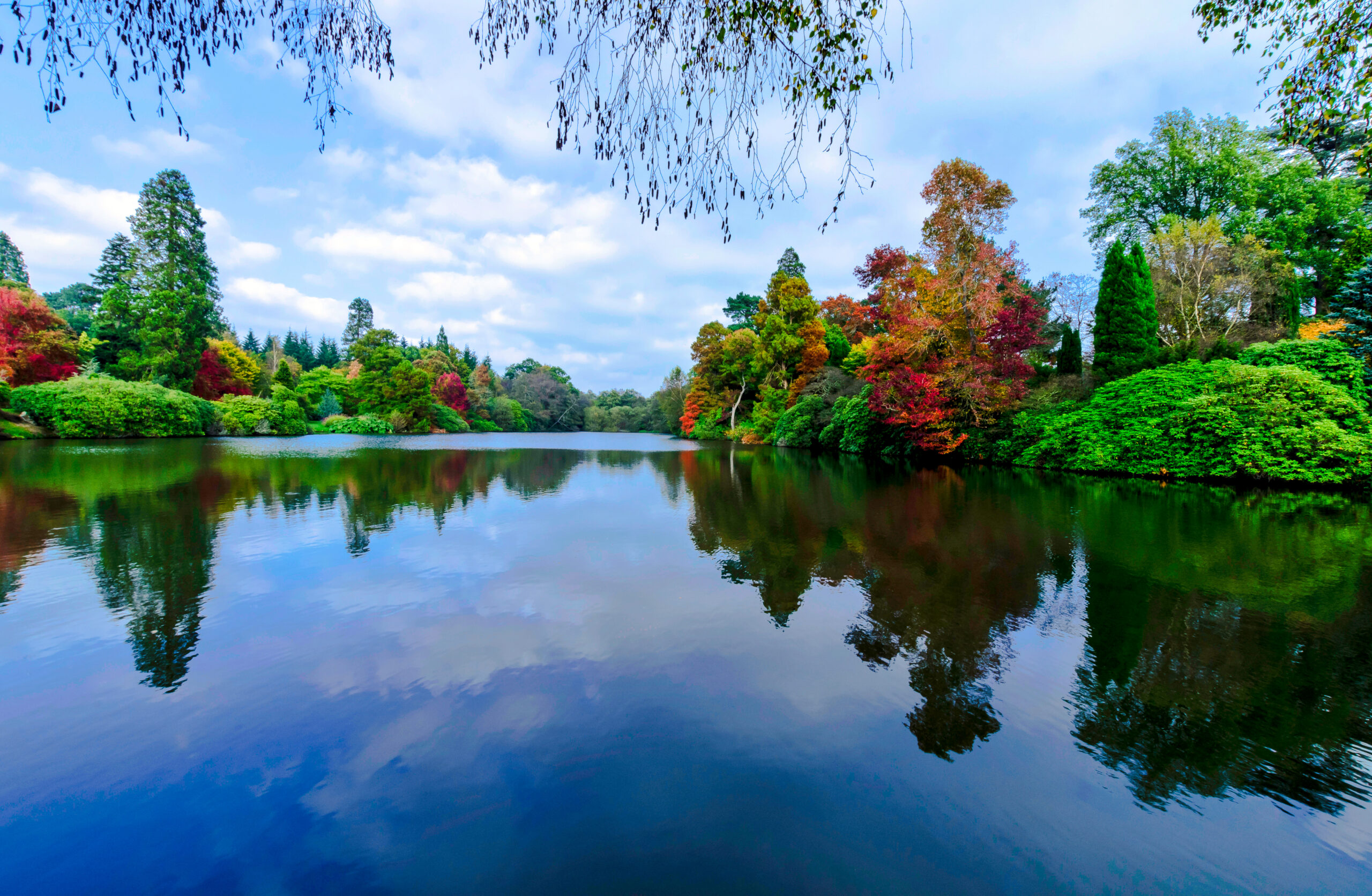 A calm lake reflects colorful trees in shades of green, red, and orange on its surface, under a partly cloudy blue sky. Branches hang from the top of the image, framing the serene, scenic landscape.